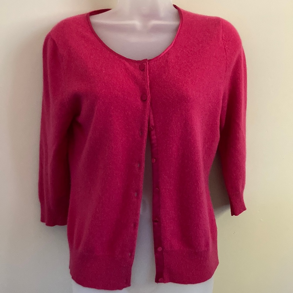 Cashmere cardigan with satin trim buttons. Y2K